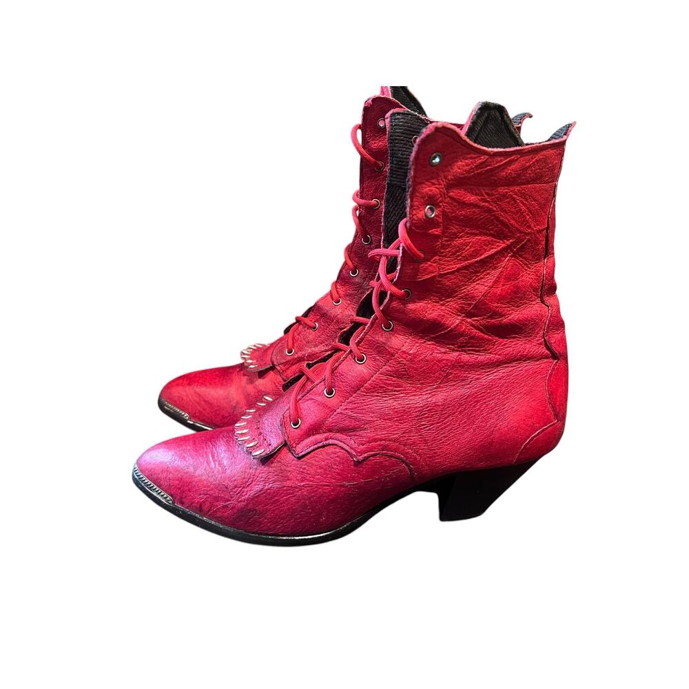 Vintage Witchy Red Leather Lace-Up Kiltie Roper Boots – Western Cowgirl Style 8 - Picture 3 of 12
